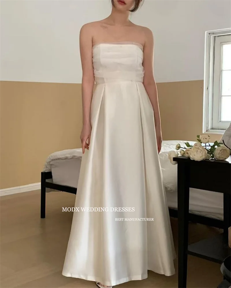 MODX Elegancka Biała Suknia Ślubna Bez Ramiączek, Linia A, Ołówkowa, Plisowana, Koreańska Fotografia Ślubna, Formalne Suknie Ślubne, Szyte na Miarę