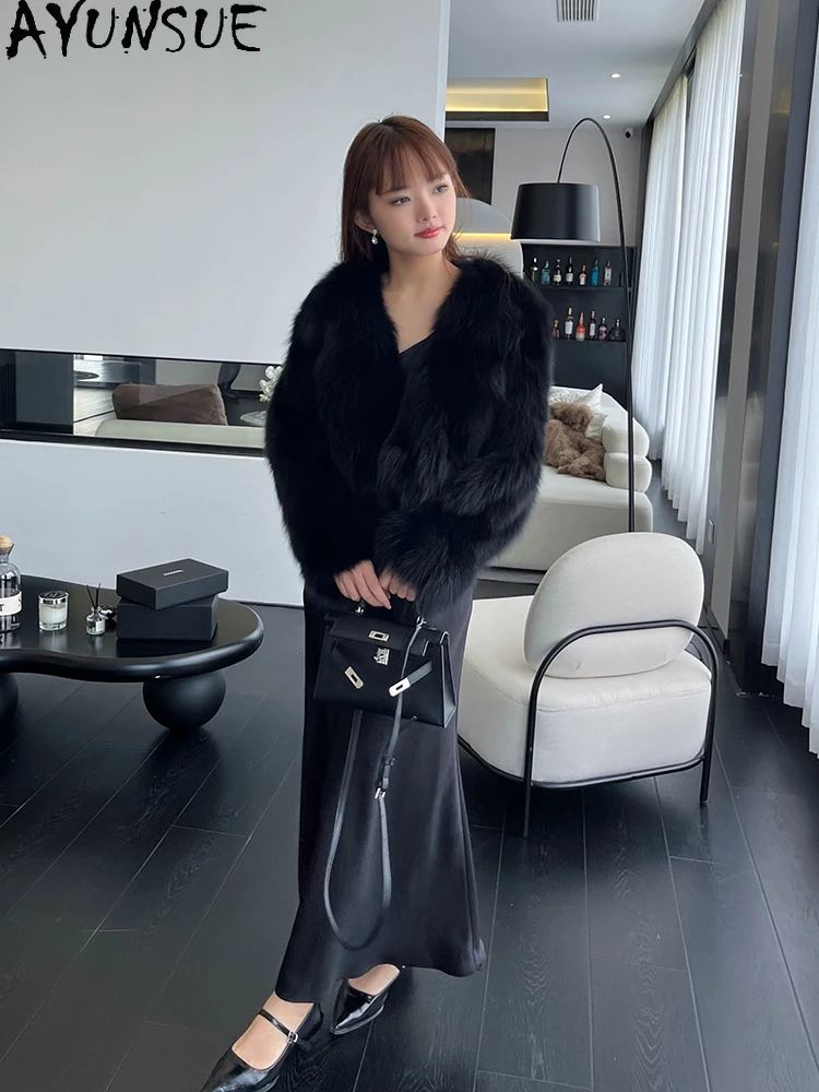AYUNSUE 2025 Autunno Inverno Giacca di Pelliccia di Volpe Donna Moda Versatile Pelliccia di Volpe Naturale Giubbotti per Le Donne Vestiti Con Scollo A V Abrigo Mujer