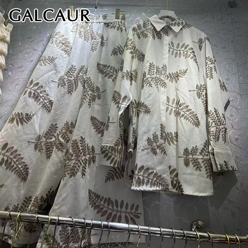 

GALCAUR Printing Two Piece Set for Women Lapel Long Sleeve Patchwork Button Shirt High Waist Wide Leg Pant Casual Outfit Female