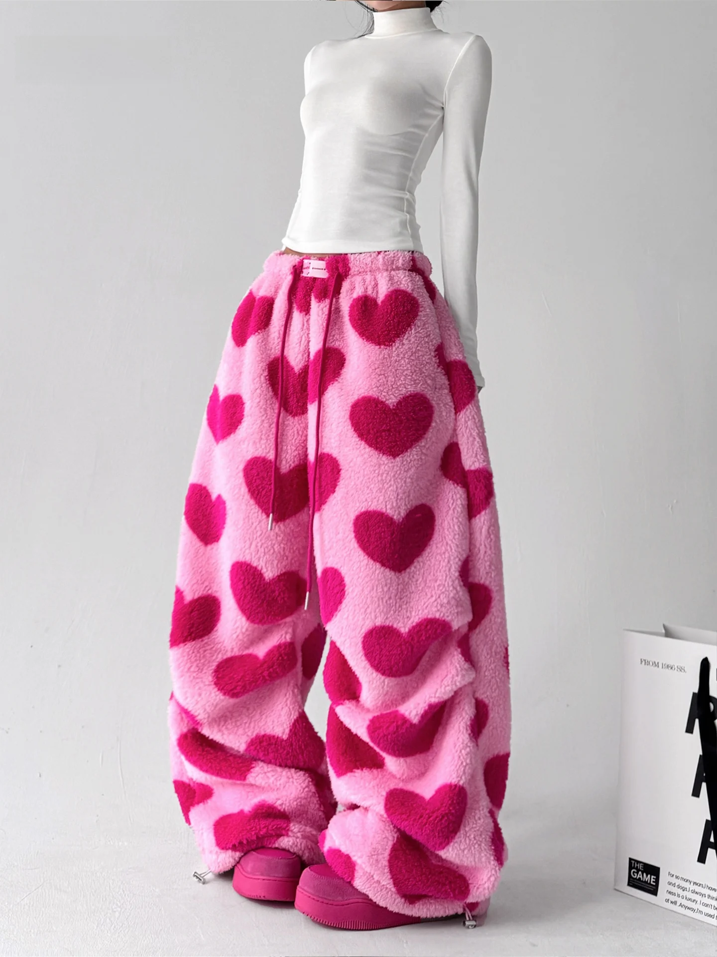 

Winter New plus Size Wide Leg Pants Women Street Love Print Thiened Fce Unique Home Casual Pants High Waist Polyester Fiber