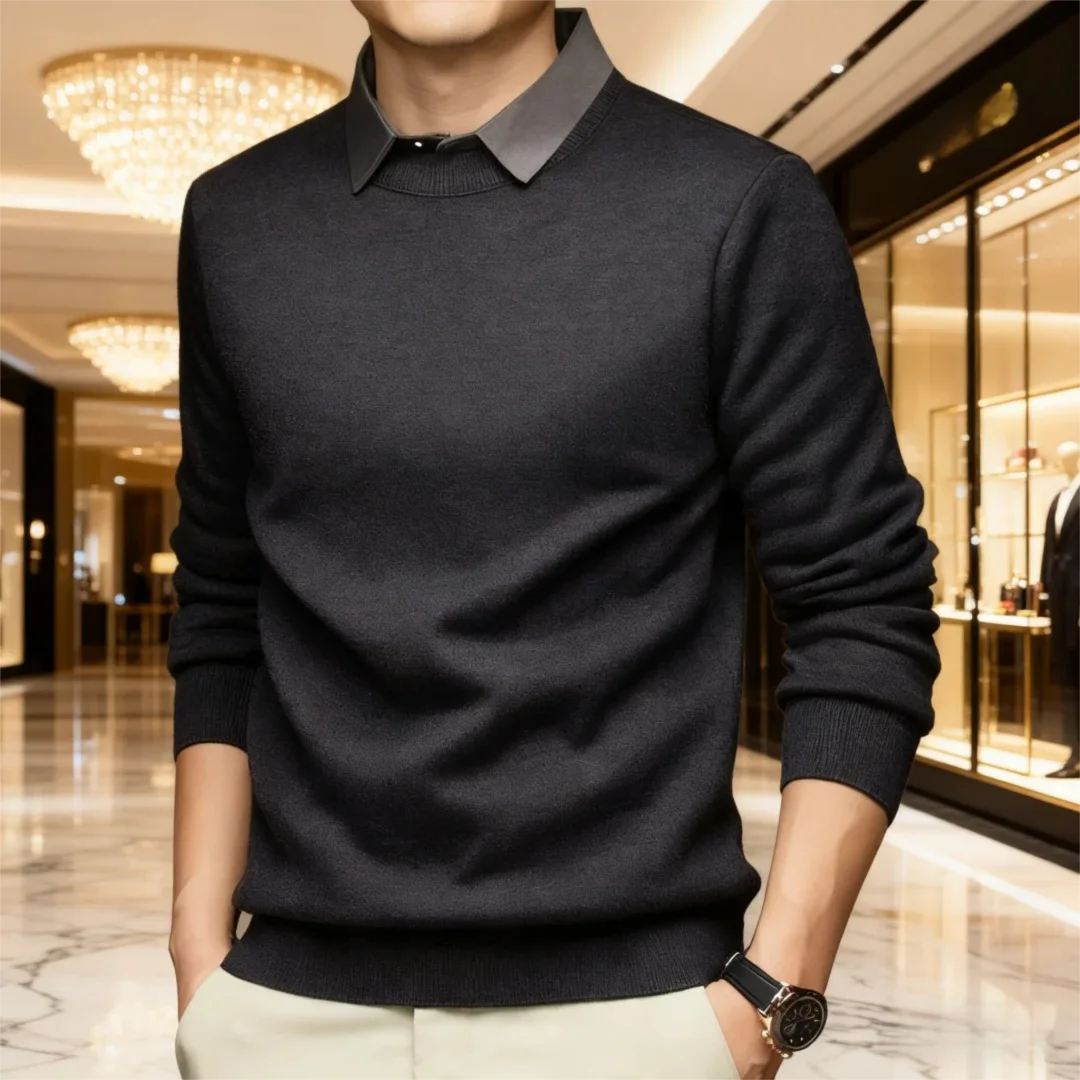 Мужской вязаный свитер с воротником рубашки — двухслойный дизайн с начесом на флисовой подкладке для делового повседневного использования (тяжеловес, зима Essential)
