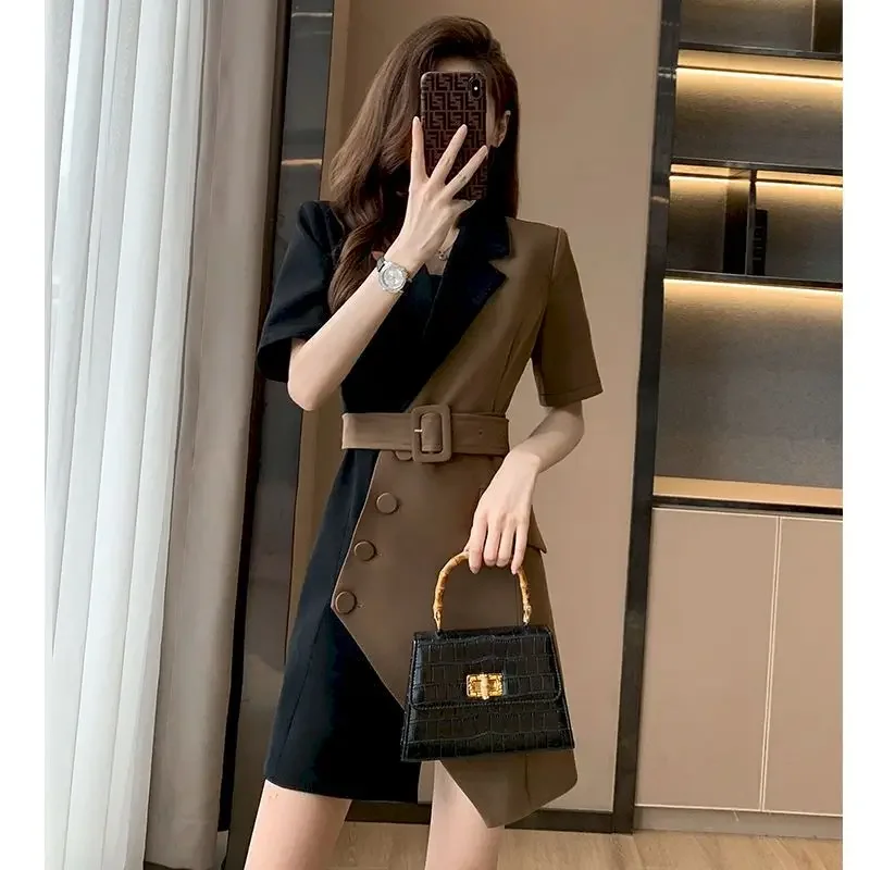 

Summer Fashion Short Sleeve Blazer Dresses Women New French Suit Dress Womens Niche Design Mini Skirts Splicing Belt Dress E8499