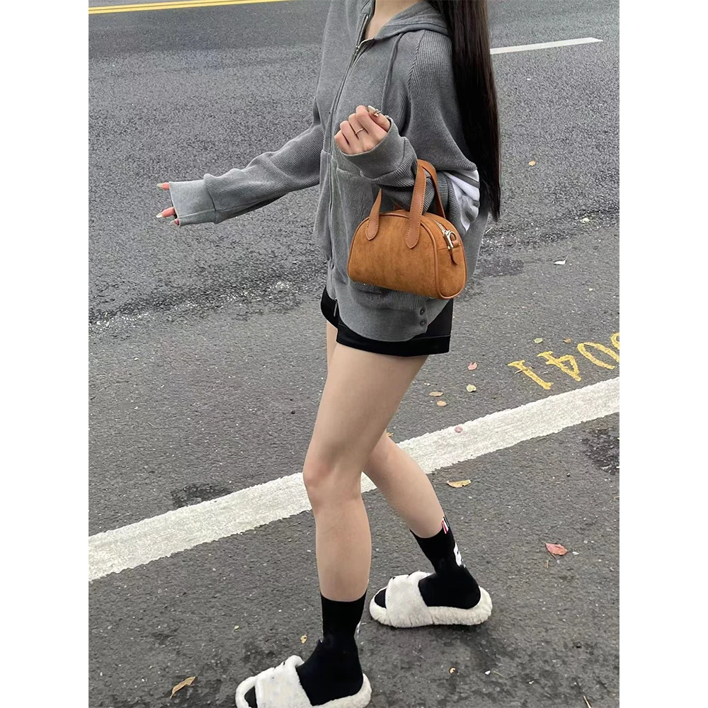 Women\'s Vintage Boston Bag Solid Suede Casual Handbags Large Capcity Casual Commute Shoulder Pack Fashion Crossbody Bags