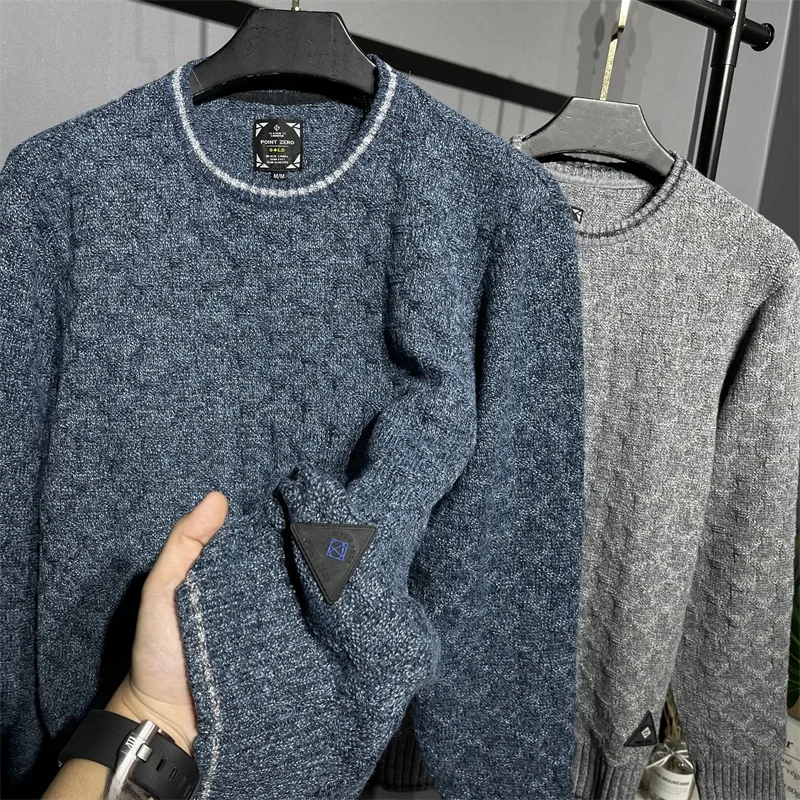 

Thiened Version Knitted Sweater Warm Skin-friendly round Ne Coarse Yarn Men's Pure Color Knitwear Faionable Winter Leisure