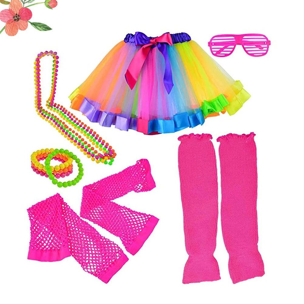 

80s Party Dress Set Pink Tutu Skirt Costume Women Suits Neon Glasses Necklace Bracelet Gloves Dance Accessories
