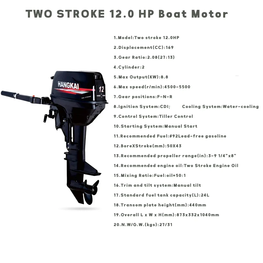 Powerful Petrol  Two Stroke 12.0 HP Assault Boat Motor for 2.7-3.3m,Inflatable Kayak Boat 3-6 Person Canoe Gasoline Engine