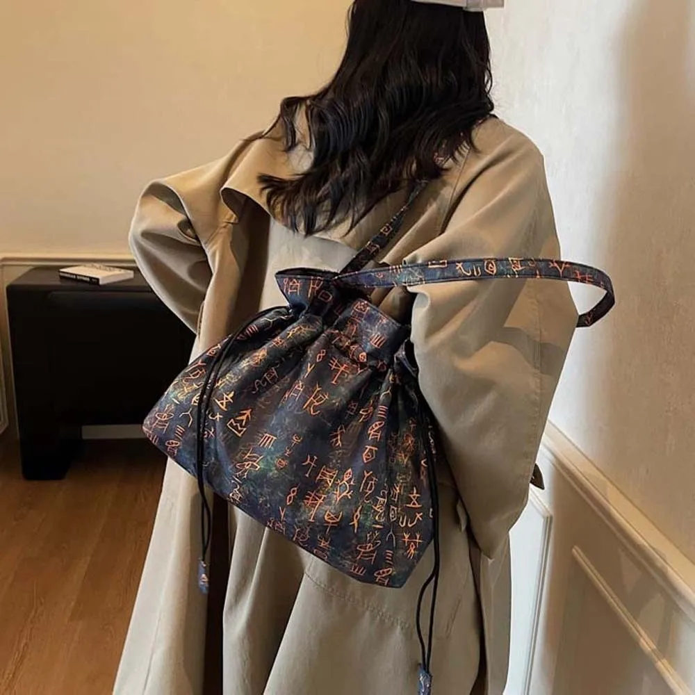 

Cotton Hanfu Drawstrings Bag Retro Characters Chinese Printed Shoulder Pouch Ethnic Style Flower Embroidery Handbag Travel