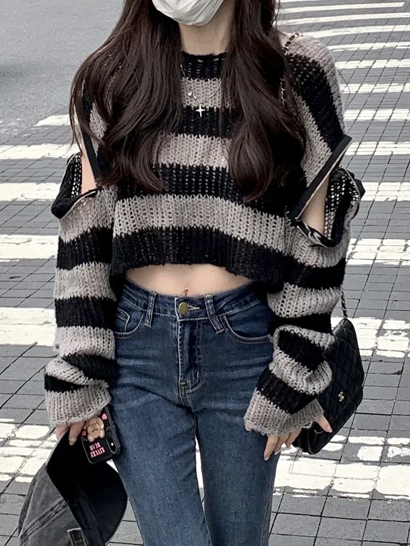 Short Length Hole High Waist Knitted Tops Contrast Color Striped Women Hollow Out Sweaters Y2k Retro Long Sleeve Loose Pullovers