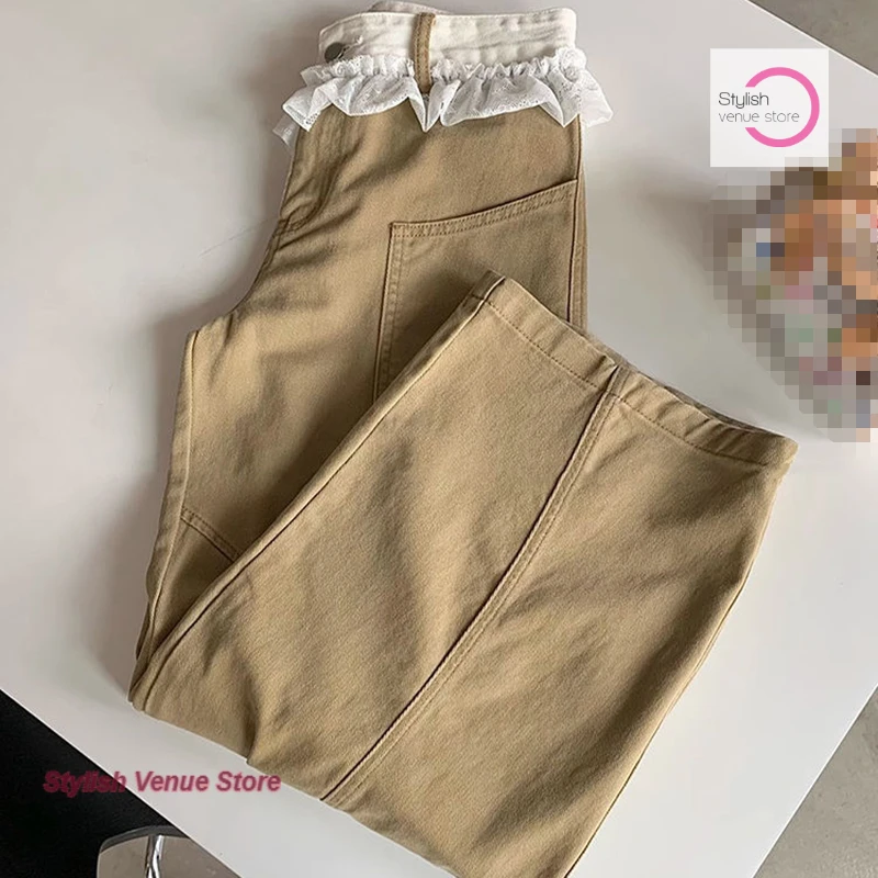 Summer new khaki lace stitching jeans female French fashion temperament high waist slim high waist design wide-leg pants.