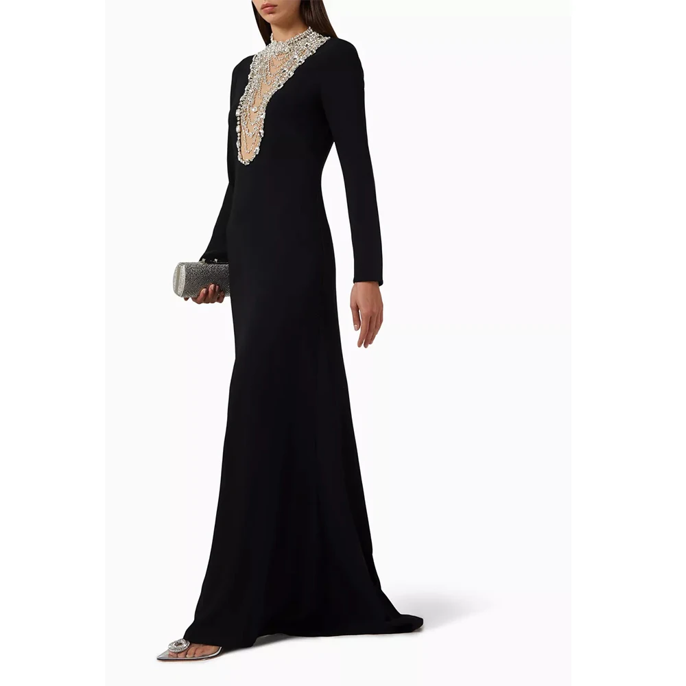Customized Formal Jersey Rhinestone Beading A-line High Collar Long Dresses Bespoke Occasion Dresses Fashion Exquisite Matching