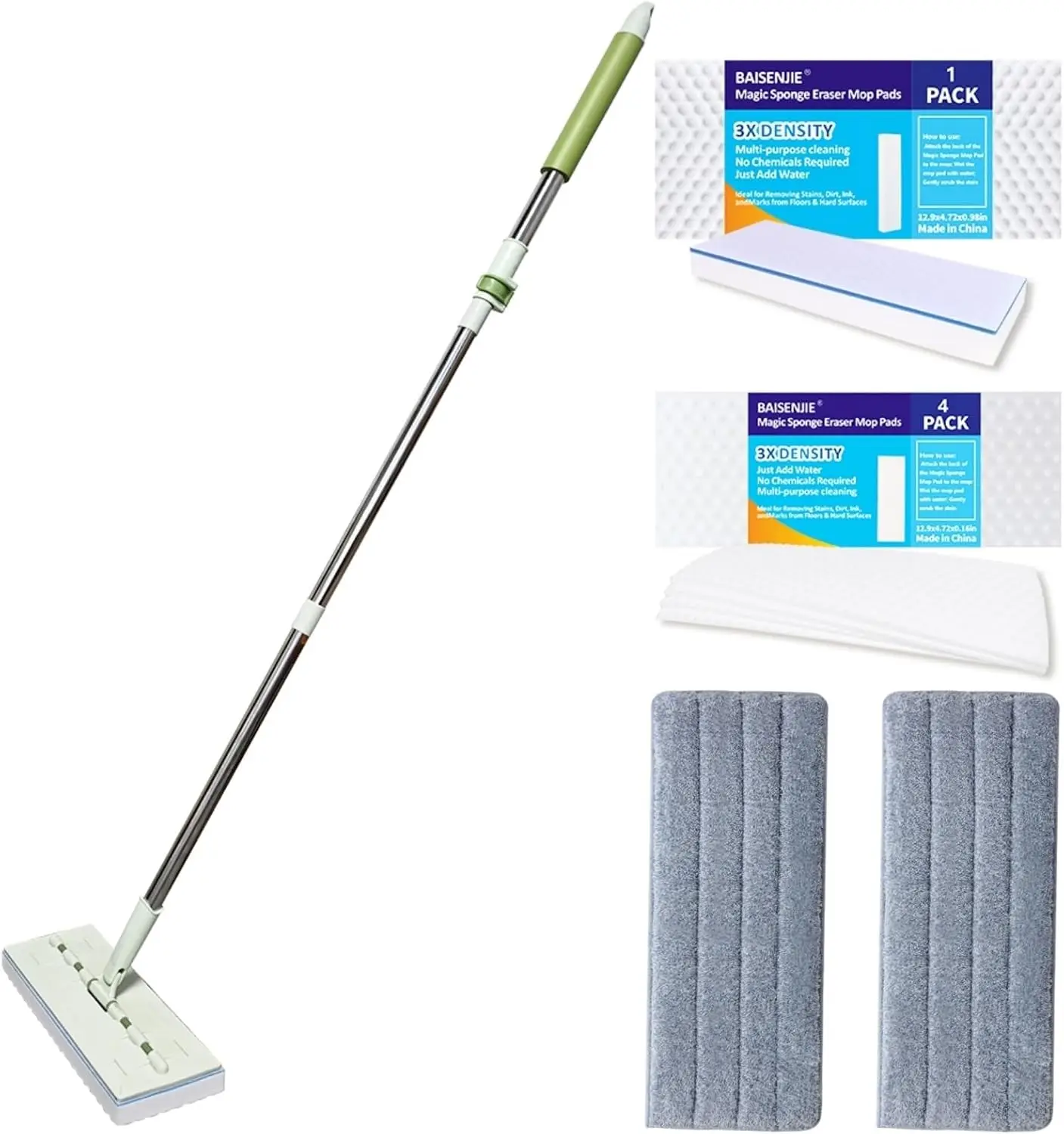 

Adjustable Magic Sponge Mop with Microfiber Pads, 60" Handle and 13" Flat Head for Easy Cleaning