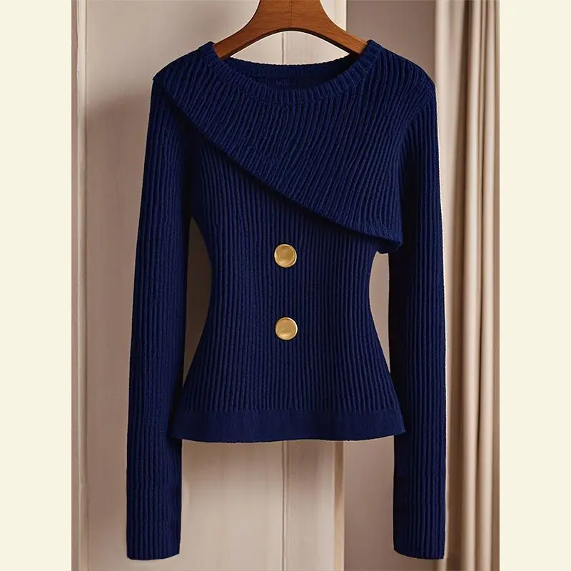 

Unique and Beautiful Knitted Sweater for Autumn and Winter with a Niche Design and a Stylish Blue Slim Fit Sweater Casual Top