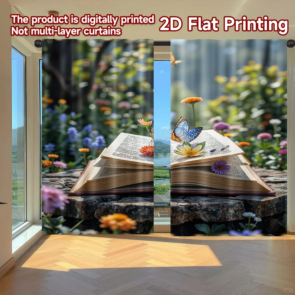 

2D flat printing 2pcs Curtains Butterflies and Book Blossoms Digital Printed Polyester Drapes Family Party for living room decor