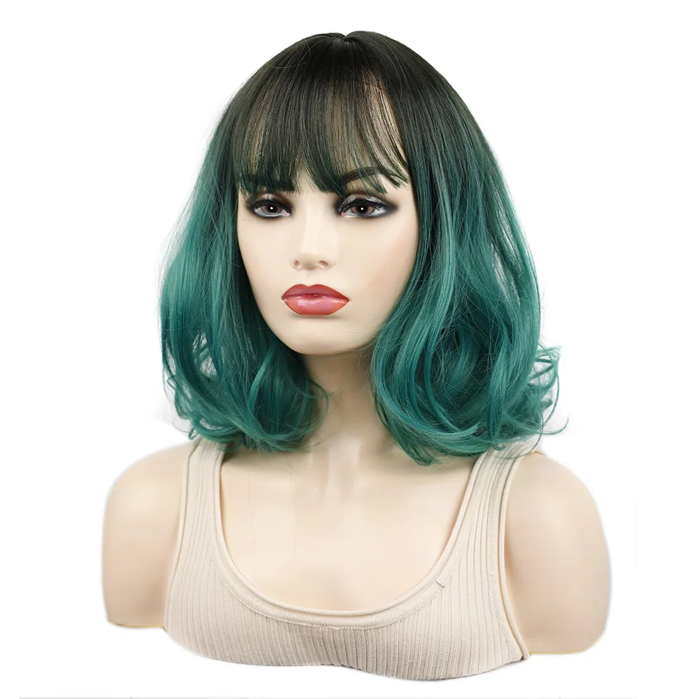 

Zolin Black Dark Green Omber Color Water Wavy Messy Bob With Bangs Cosplay Wigs Drag Queen Short Wavy Hair Wig For Woman