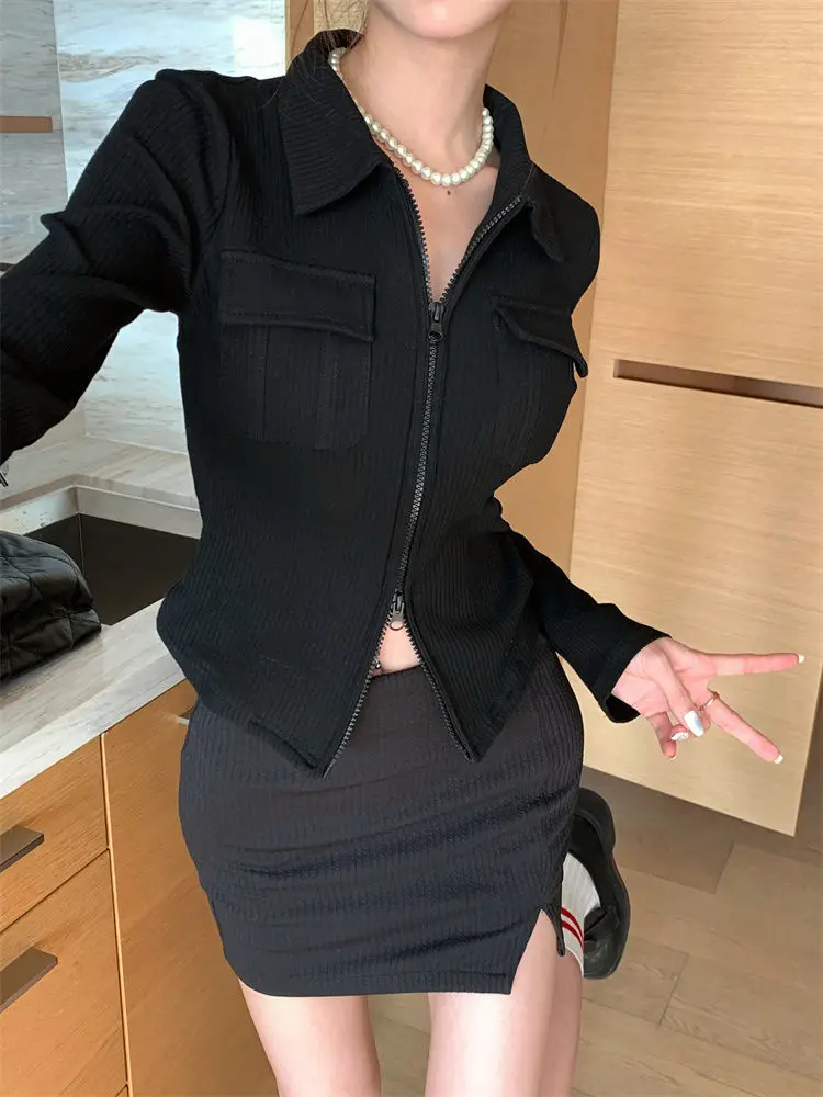 قميص نسائي أنيق محبوك بأكمام طويلة، ياقة بولو، تصميم قصير ضيق، موضة ربيع وخريف، ملابس كاجوال عصرية