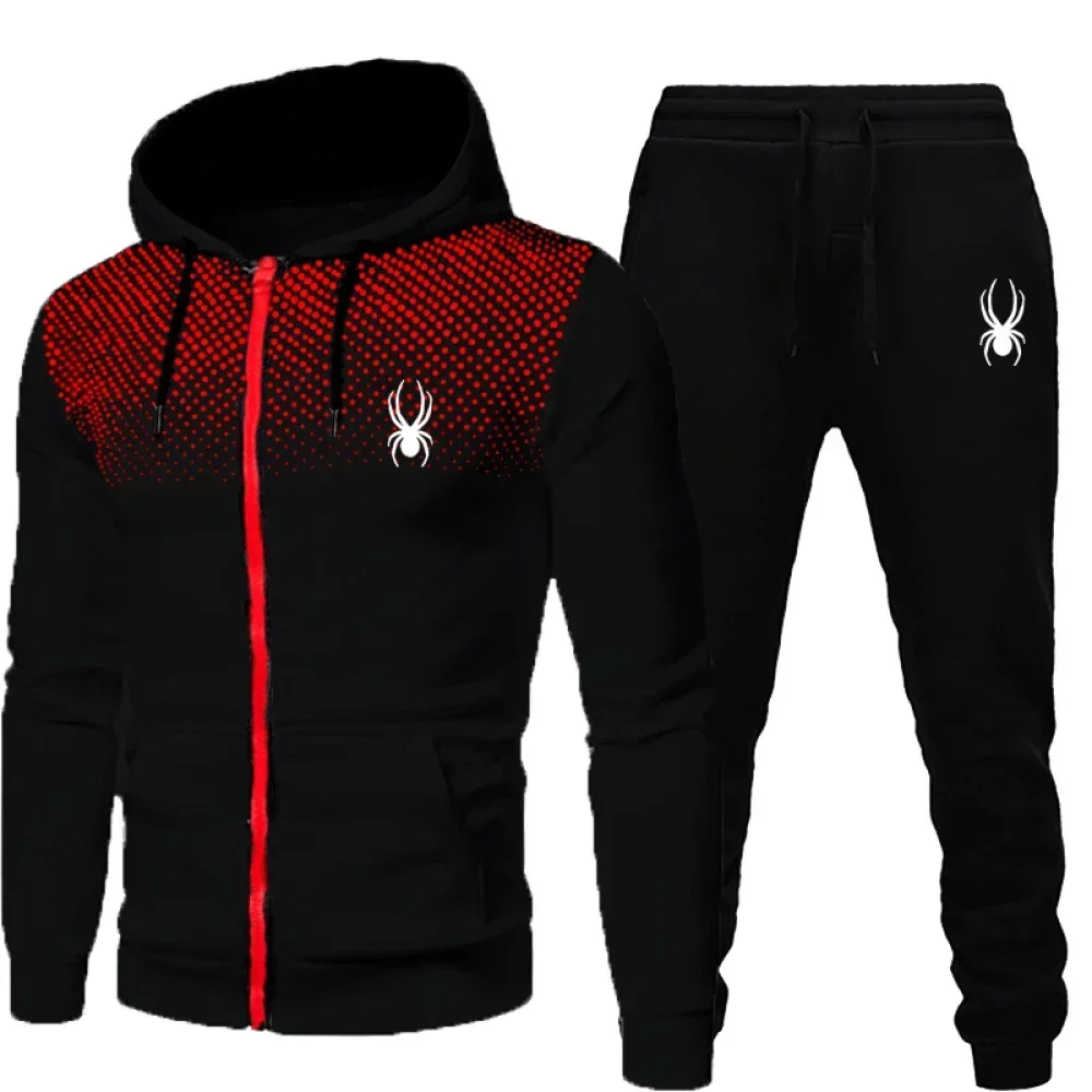 

Men's two-piece sports outfit for jogging. Sports outfit with a hood. Sports shirt with a zipper. Autumn and winter clothing.