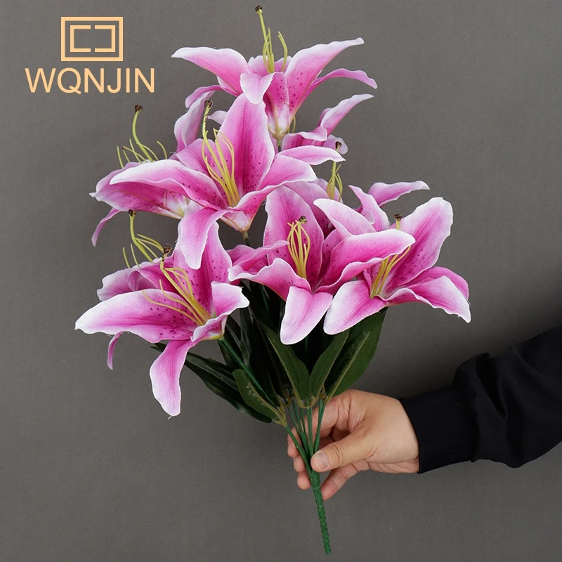 Künstliche Lilienblumen mit 9 Köpfen, europäischer mehrfarbiger gefälschter Brautblumenstrauß, Hochzeit, Zuhause, Party, Dekoration, Blumen – Detail 1