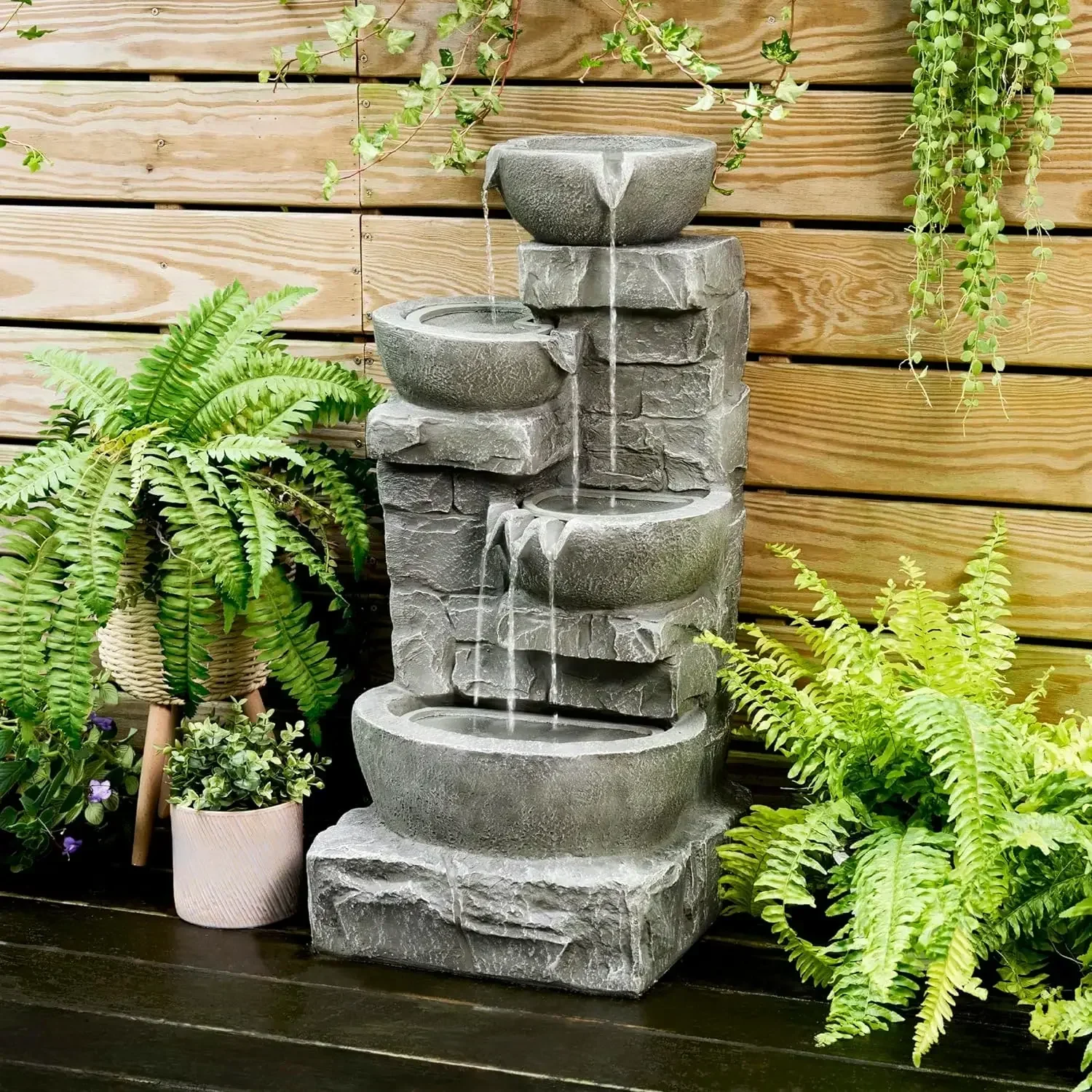 33.25 in. Cascading Bowls & Stacked Stones LED Outdoor Water Fountain for Gardens, Landscaping, Patios, Balconies