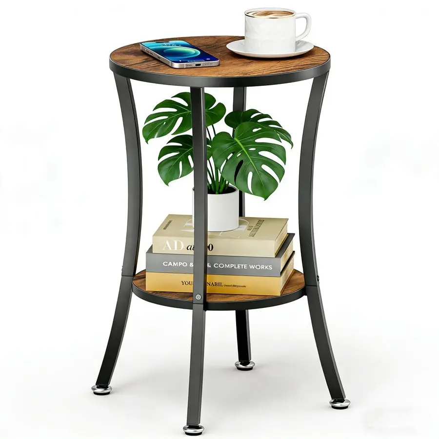 Round End Table Living Room 2Tier Small Side Table Sturdy Small Accent Tables Nightstand for Living Room, Bedroom, Brown