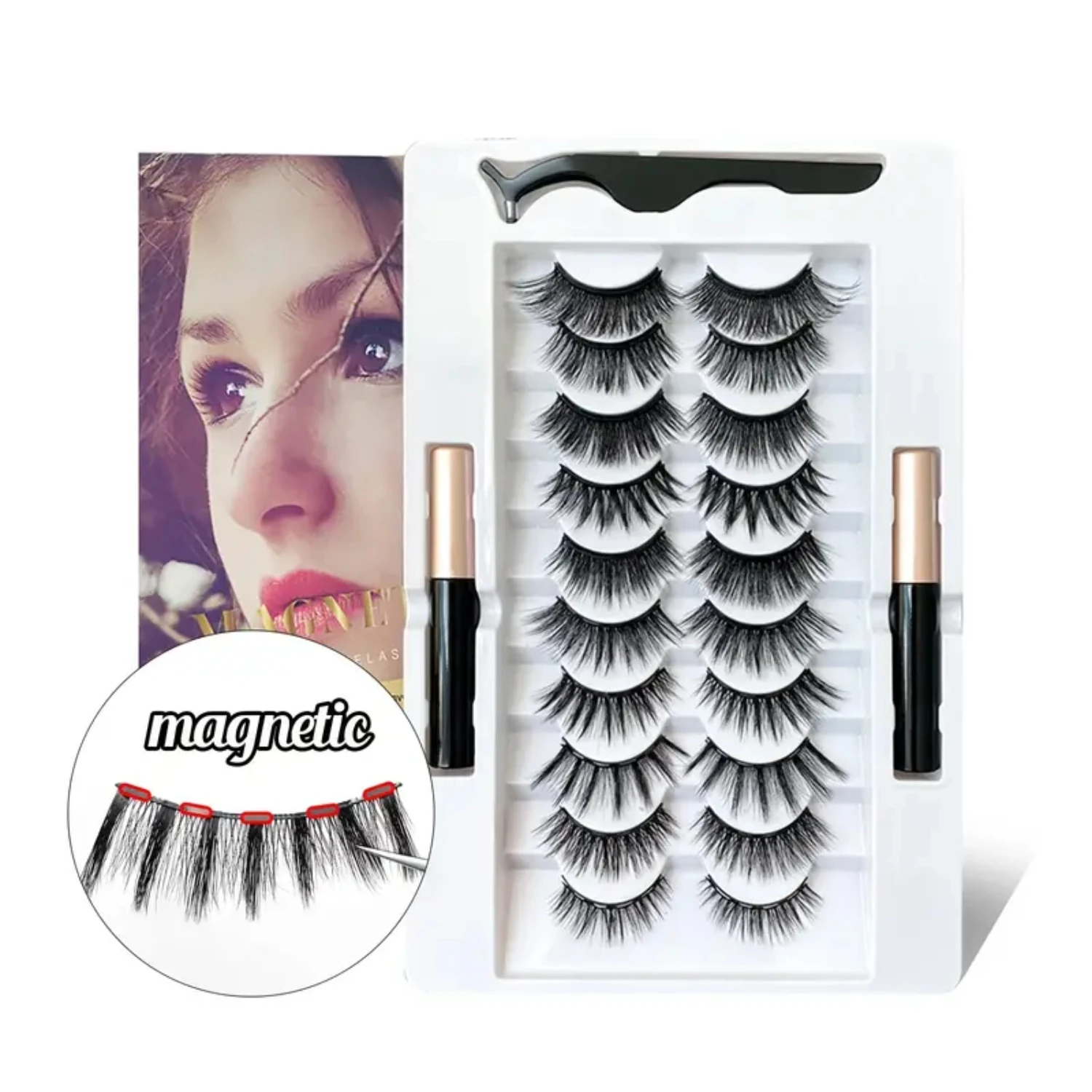 Cils magnétiques 3D en faux vison moelleux et doux - Lot de 10 paires avec eye-liner magnétique et pince à épiler pour un œil de chat naturellement audacieux. Cr