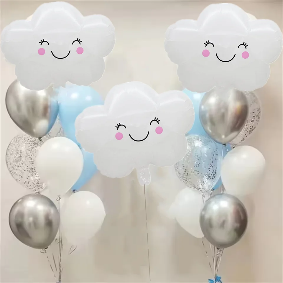 19/22pcs White Cloud Balloons,18Inch Heart Star Balloons,Silvery Metallic Confetti For Birthday Wedding Theme Party Deccoration