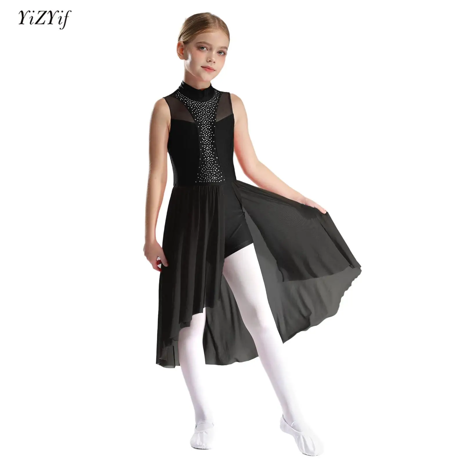 

Kids Girls Figure Ice Skating Dress Sleeveless Halter Mock Neck Side Split Shiny Rhinestone Leotard Dress Ballet Dance Costume