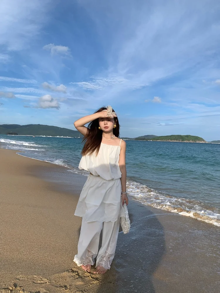 

Damei Sli White Wide Leg Floor-Length Pants Two-Piece Set Casual Wear High Waist Cotton Blend Commute Faion