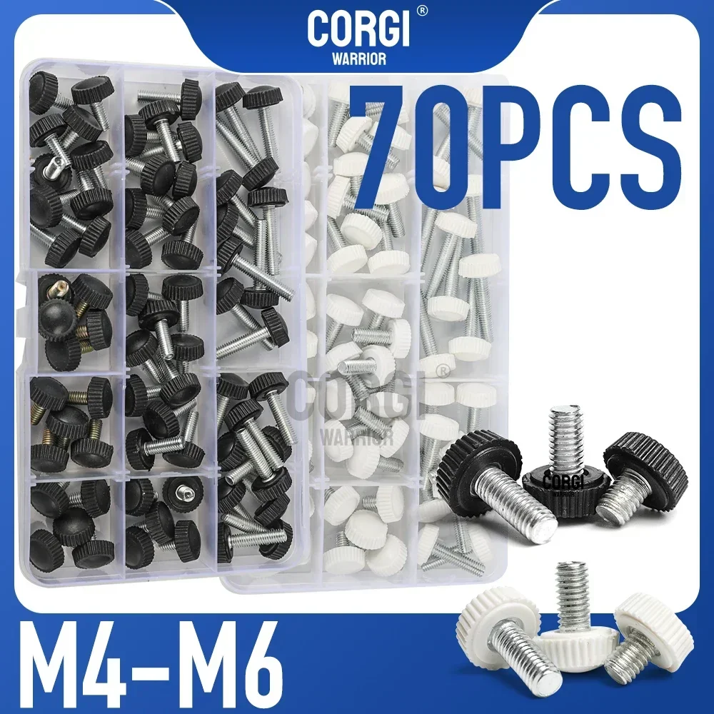 M4 M5 M6 up to 70 Carbon Steel Threaded Knurled Thumbscrew Screws Assortment Set Black White Grip Knobs Round Thumb Screw Kit