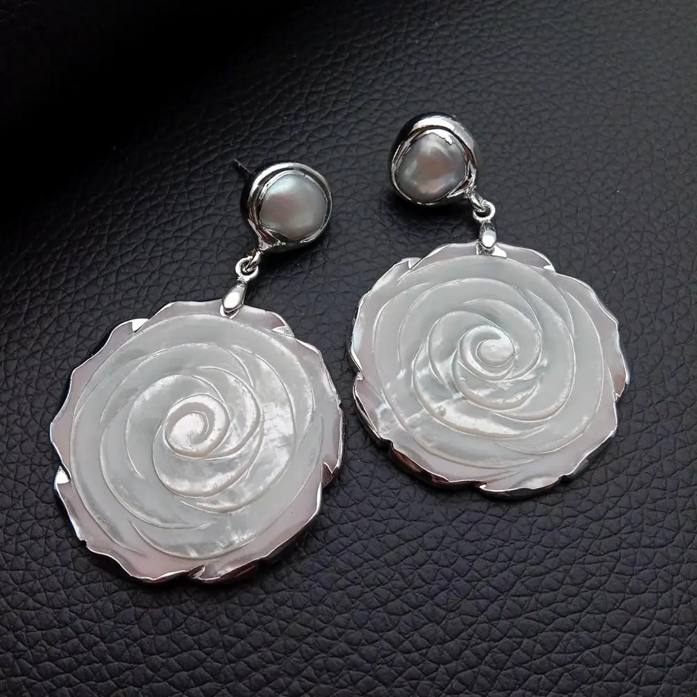 KKGEM 39mm Natural white Shell Mop Carved Flower  14mm White Freshwater Pearl Dangle Stud Earrings
