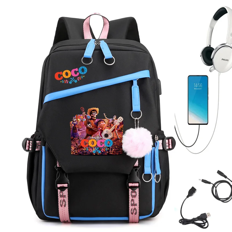 Disney Coco USB Charging Schoolbag Male and Female Student Backpack Anime Cartoon School Bag Mochila