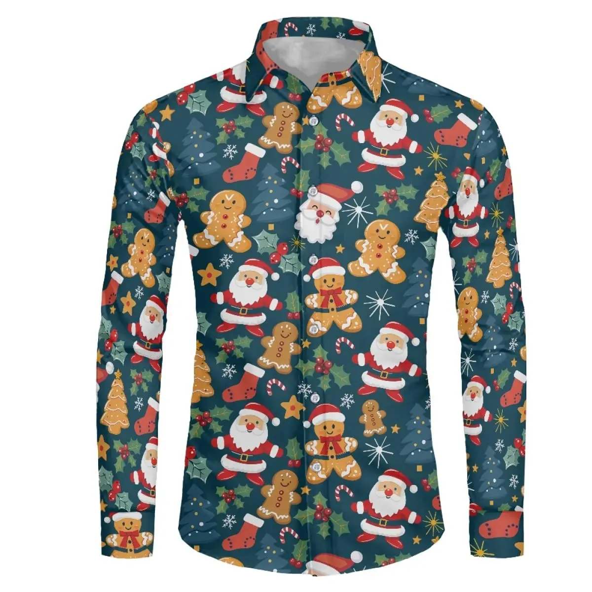 남성용 하와이안 셔츠, 3D 진저브레드 프린트, 재미있는 긴 소매, 크리스마스 요소 라펠 셔츠, 캐주얼 패션 셔츠, 크리스마스 선물