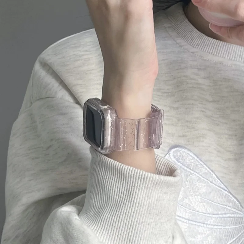 Custodia protettiva con cinturino sportivo glitterato trasparente per Apple Watch 45mm 41mm 44 per la serie 9 8 7 Band donna ragazza cinturino trasparente scintillante