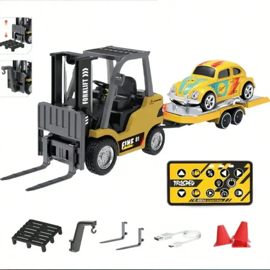 1/64 Mini RC Forklift, Remote Control Excavator, 11 Channel 2 Mode 2.4Ghz Remote Control Alloy Construction Vehicles Set With USB-C Rechargeable, 2 In 1 Transformable Lift Fork & Hook, Birthday Christmas Gift For Kids Adults Boys And Girls