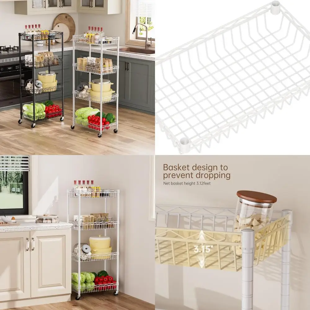 

Adjustable 4-Tier Wire Basket Shelf - Large Storage Rack for Garage, Kitchen, Office, Pantry - White, 17.2x12.2x50