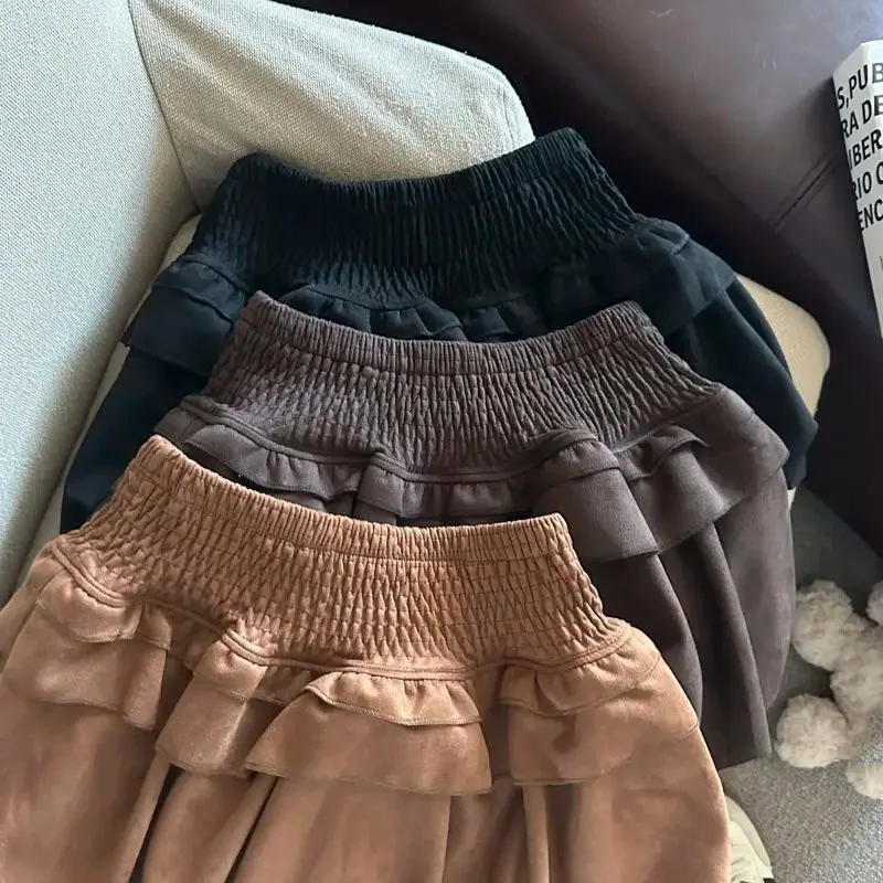กระโปรงมินิทรงเค้กแต่งระบาย ฤดูใบไม้ร่วง ฤดูหนาว เอวสูง ทรงเข้ารูป พองฟู ทรงเอ สไตล์เกาหลี ชิค ใช้งานได้หลากหลาย