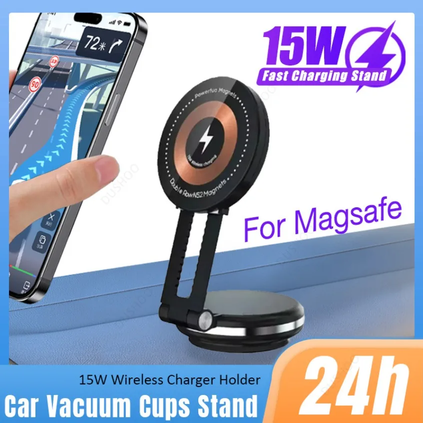 

Магнитный держатель для телефона на приборной панели автомобиля, подставка для вакуумной присоски, беспроводное зарядное устройство 15 Вт для Magsafe iPhone 17, 16, 15, 14, 13, 12, автомобильное крепление