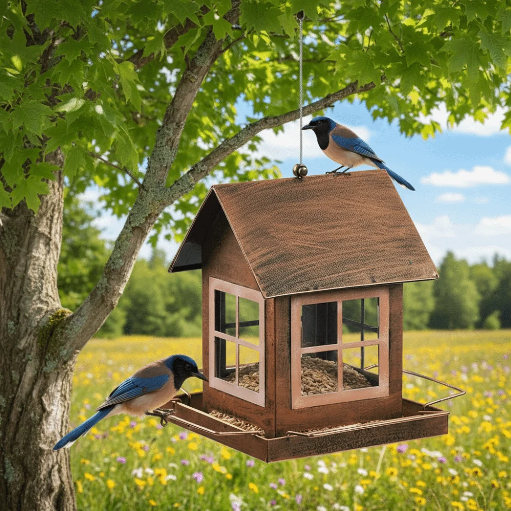 

Metal Windproof Bird Feeding Equipment Courtyard Bird Raising Tool Hanging Bird Feeder Large Capacity House Shape Food Bowl