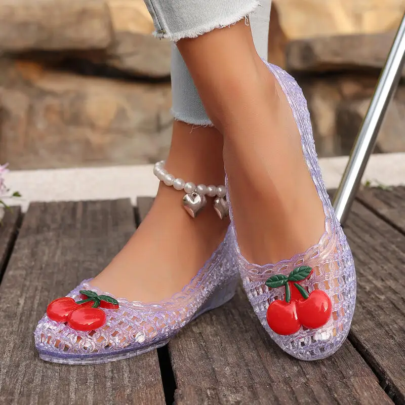 Cute Cartoon Cherry Transparent Jelly Shoes Women Summer 2026 Comfort Thick Bottom Hollow Out Clogs Sandals Women Ballet Flats view 4