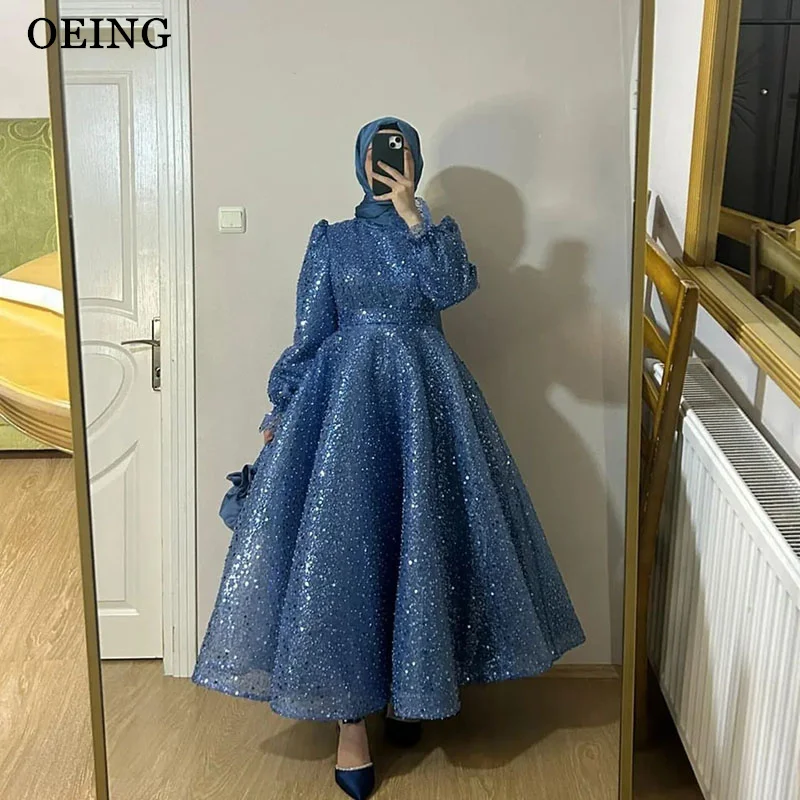 

OEING A-Line Dusty Blue Prom Dress Elegant Long Sleeves Party Gowns Ankle-Length Evening Dress Arabic Customized