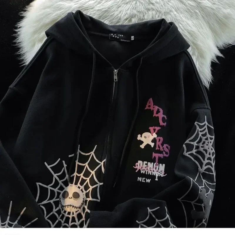 American Spider Print Cardigan Hooded Zip up Sweatshirt spring autumn mens womens tide loose thin couple jacket kawaii clothes