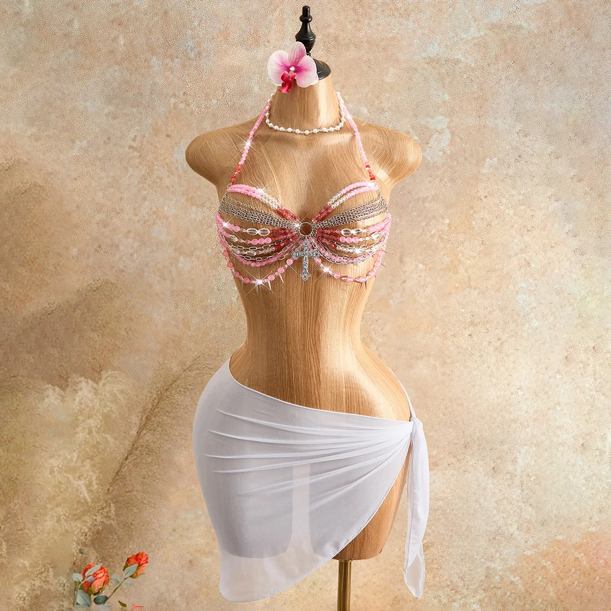 Multi-color PInk Acrylic Crystal Bra Chain with Cross Pendant Sexy Beaded Bikini Crop Bra Tops Night Club Party Body Chain Ropa