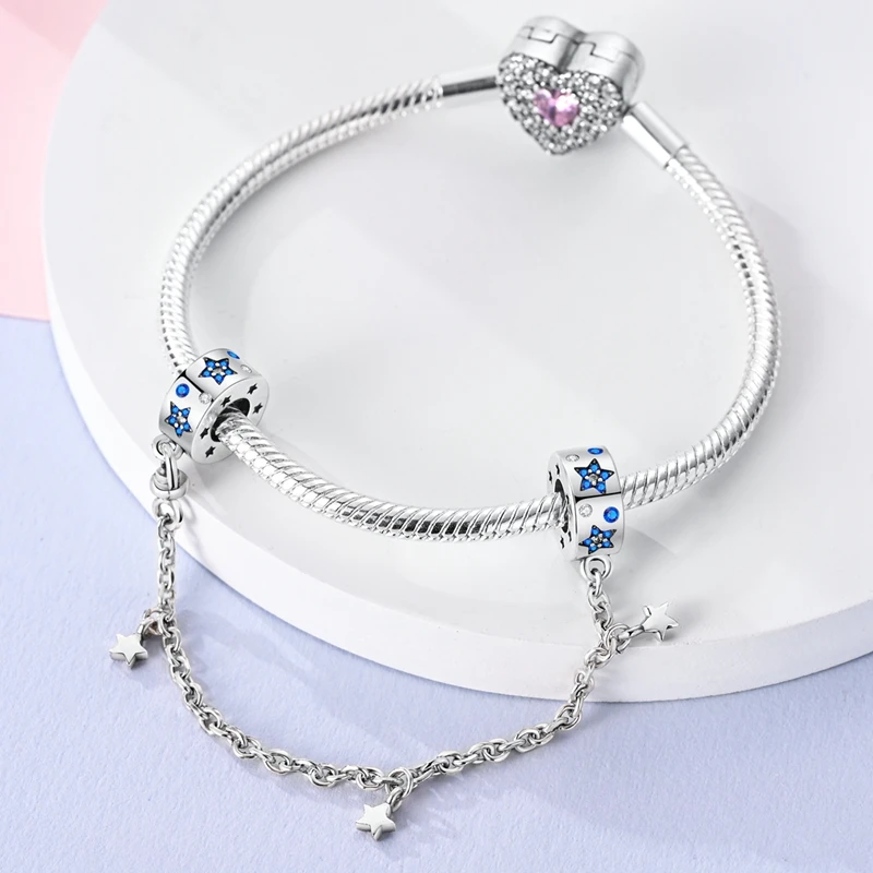 Cuentas espaciadoras de Plata de Ley 925 auténtica, abalorios de estrellas y luna, girasol, cadena de seguridad, compatible con Pandora 925, pulseras originales, joyería DIY