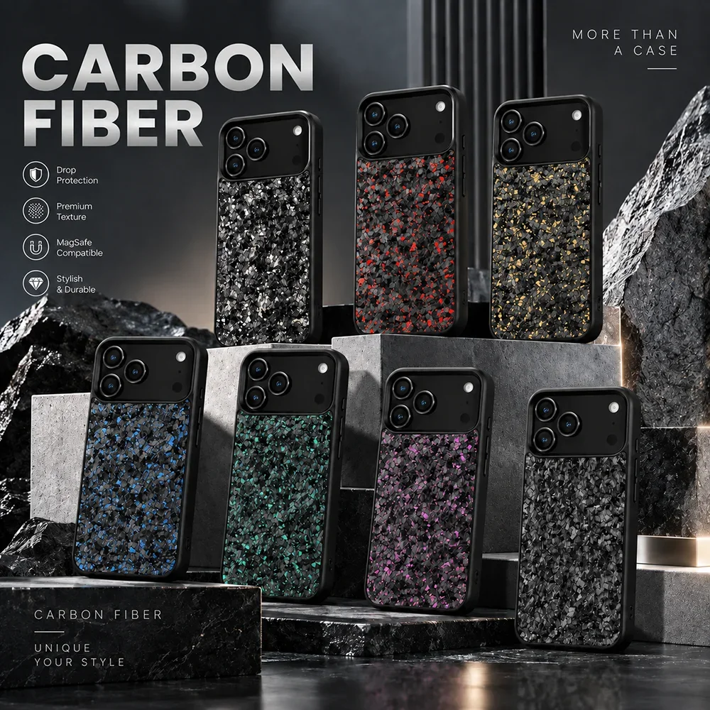Funda MagSafe de fibra de carbono forjada para iPhone 18, 17, 16, 15, 14 Pro Max, con textura multicolor y cubierta de silicona resistente a los golpes y a los arañazos.