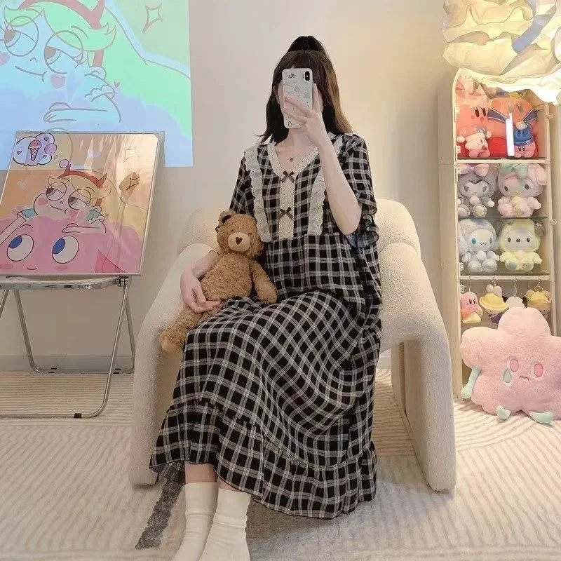 

Loose Fat Girl Extra Large Size Sweet Summertime Loungewear Refreshing Comfort Flounce Ventilate 140 Kg Nightdress Female Cotton
