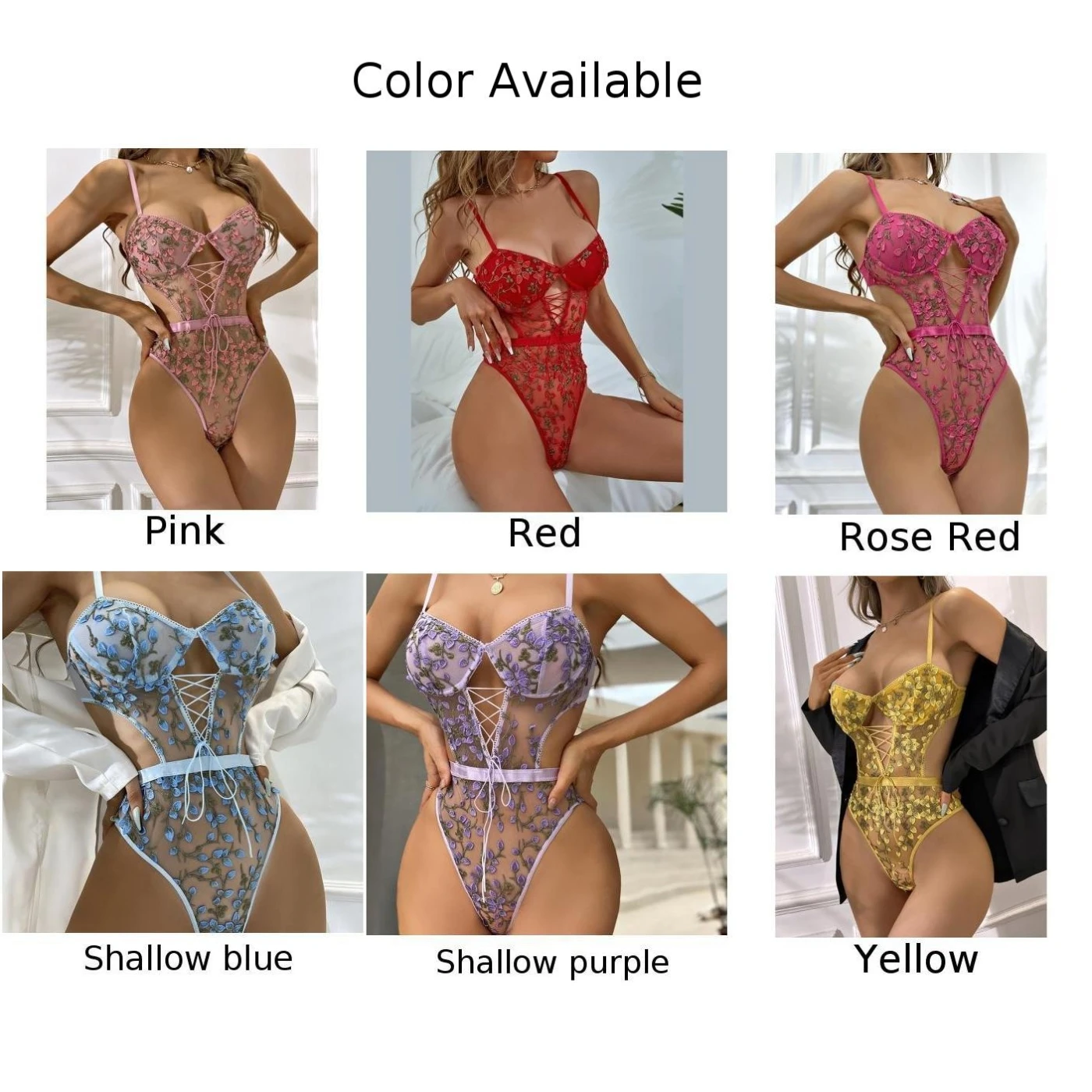 女性ボディスーツファム花刺繍レースレースアップファンシーボディスーツ適度な弾性ポリエステルセクシーなランジェリー