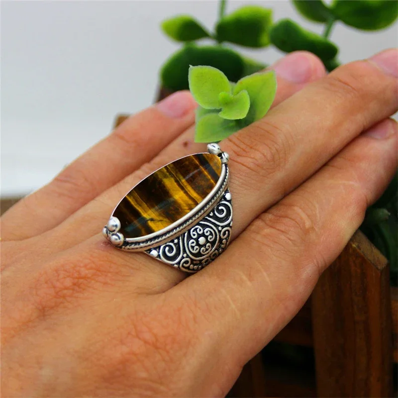 Irregular Natural Tiger Eye Rings Flower Band Stone Ring For Women Antique Silver Plated Fashion Jewelry TR665