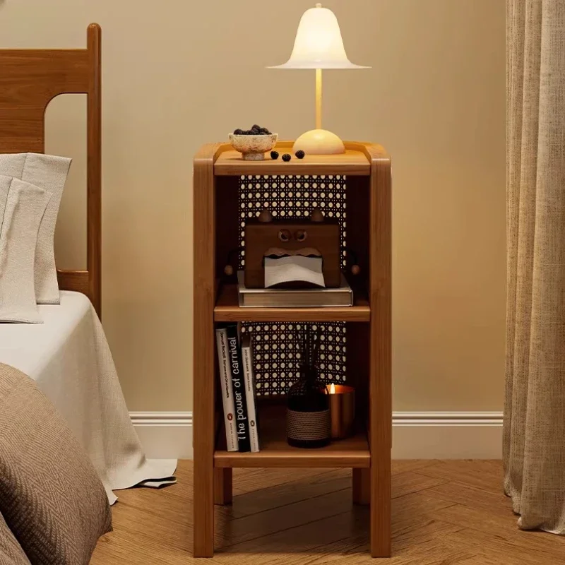 Solid Wood Rattan Nightstand Small Storage Cabinet for Bedroom Multi-Purpose End Table for Living Room Rustic Sofa Side Tables