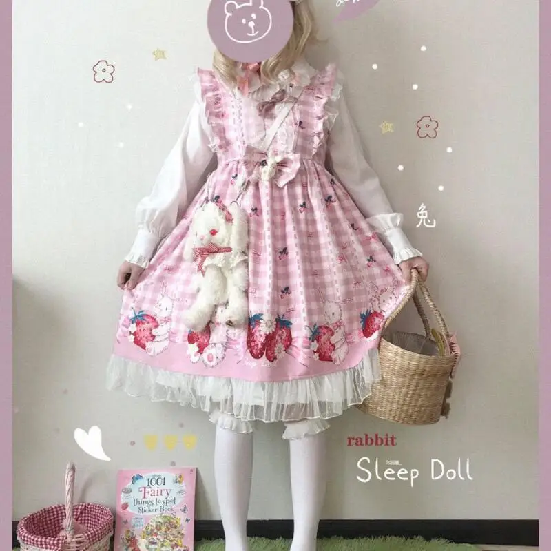 Japońska sukienka Kawaii Lolita dla dziewczynek, sukienki Jsk z motywem truskawkowego króliczka, damskie sukienki Harajuku bez rękawów, urocza spódnica księżniczki, kostium do cosplayu