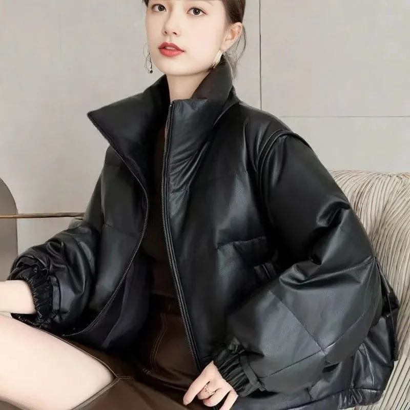 Jaket Parka Wanita Korea Ukuran Besar 5XL 2025 Kerah Tegak Kulit PU Jaket Puffer Musim Dingin Wanita Kulit Katun Tebal