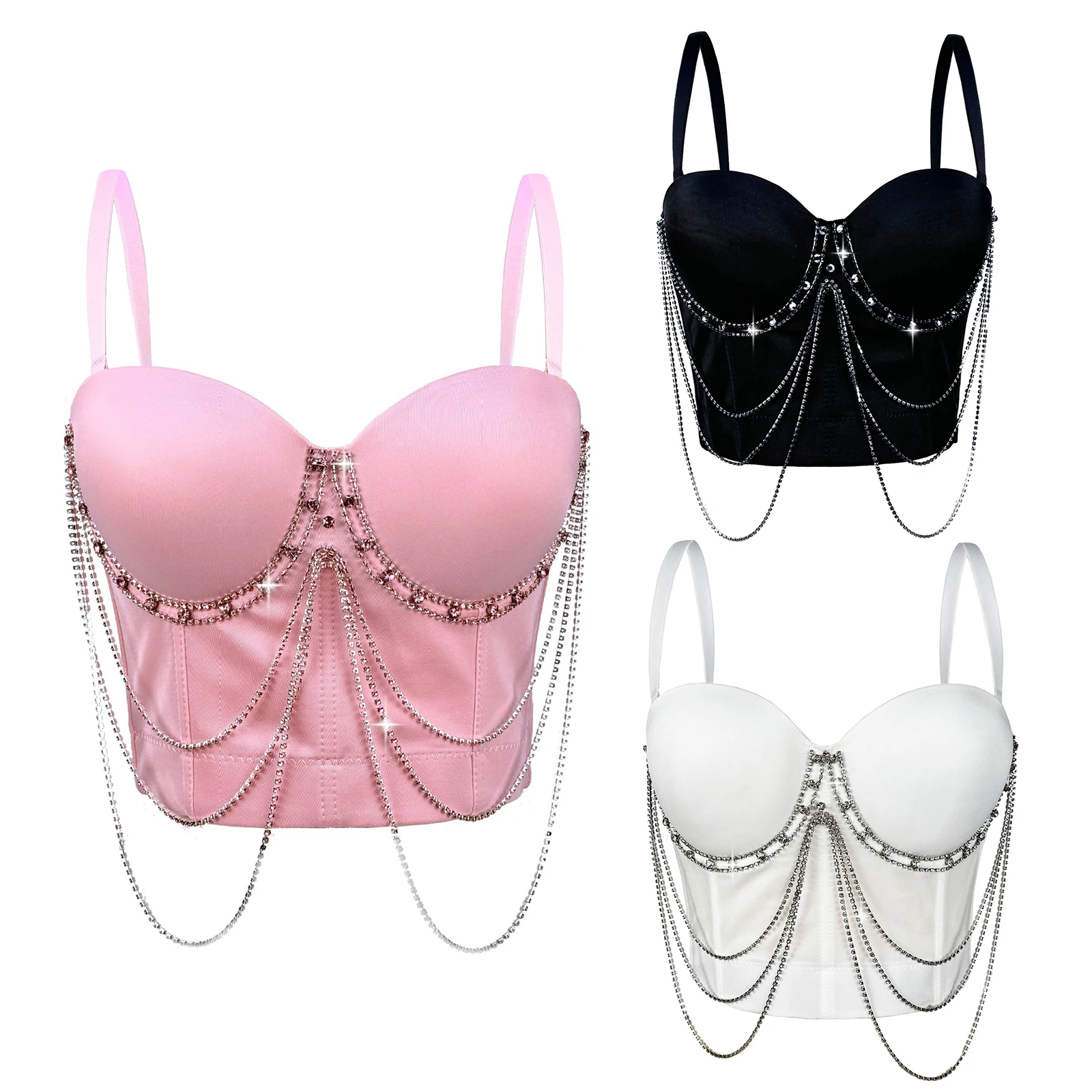 Women Shiny Chain Tassel Bustier Bra Tops Rhinestones Push-up Underwire Boned Corset Crop Camisole Tank Top for Nightclub Party
